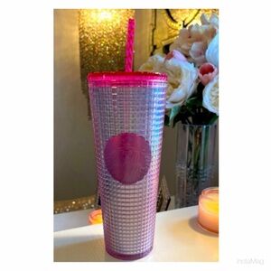 NEW Starbucks Pink Bubblegum Silver Grid Iridescent Cold Cup Tumbler 24 oz